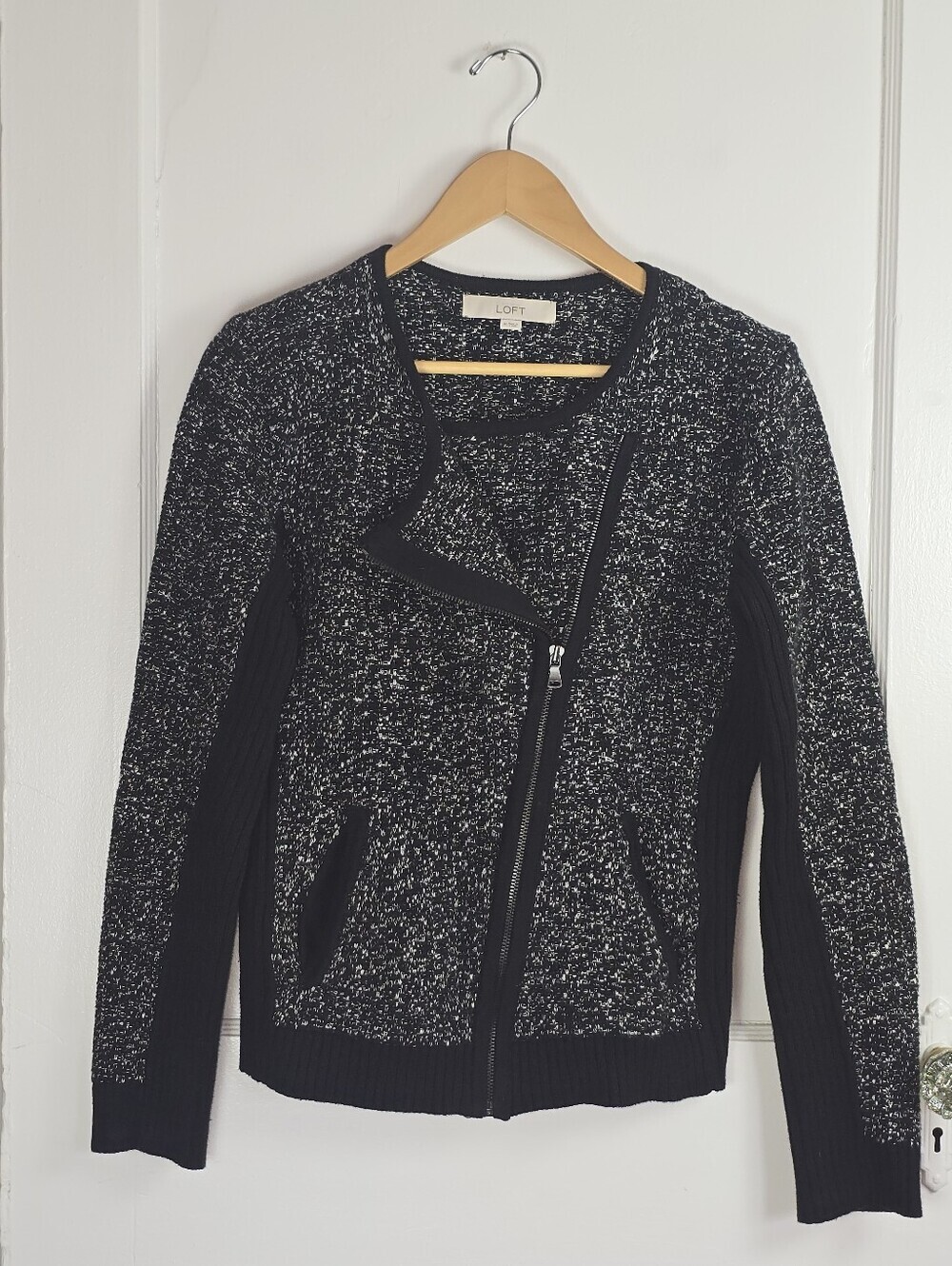 LOFT Black Cotton Tweed Ribbed Knit Asymmetrical Front Zip Jacket M